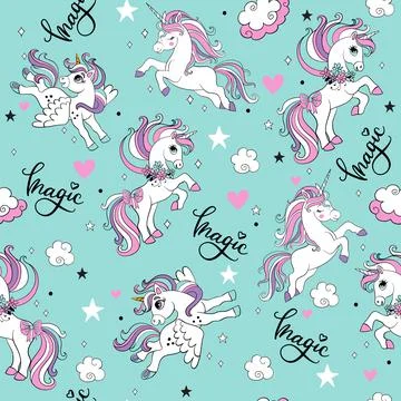 Seamless vector pattern with trendy magic unicorns Illustrazione stock