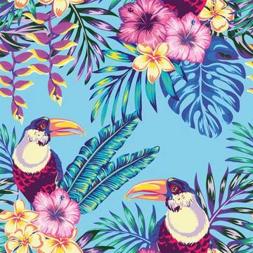 Seamless vector pattern, Tropical bird toucan and multicolor parrot on the ba Stock Illustration