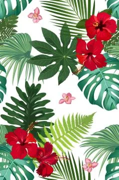 Seamless vector pattern tropical leaves with red hibiscus flower and pink orc Stock Illustration