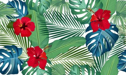 Seamless vector pattern tropical leaves with red hibiscus flower on white bac 스톡 일러스트