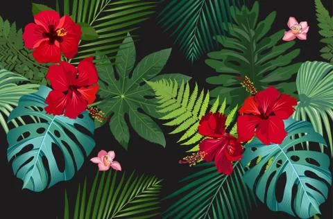 Seamless vector pattern tropical leaves with red hibiscus flower and pink orc Stock Illustration