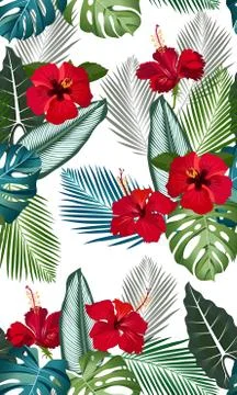 Seamless vector pattern tropical leaves with red hibiscus flower on white bac 스톡 일러스트