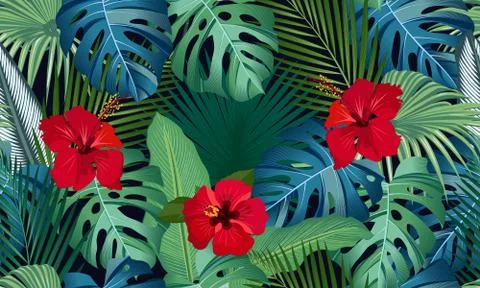 Seamless vector pattern tropical leaves with red hibiscus flower on black bac Illustrazione stock