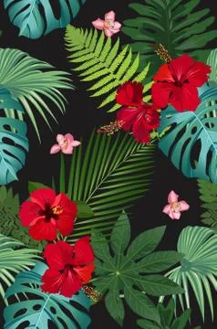 Seamless vector pattern tropical leaves with red hibiscus flower and pink orc Illustrazione stock