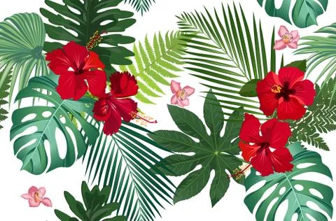Seamless vector pattern tropical leaves with red hibiscus flower and pink orc Stock-Illustration