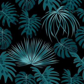 Seamless vector pattern with tropical leaves of palm tree. Stock Illustration
