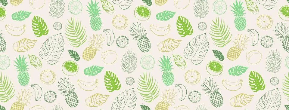 Seamless vector pattern with tropical leaves and fruits Stock Illustration