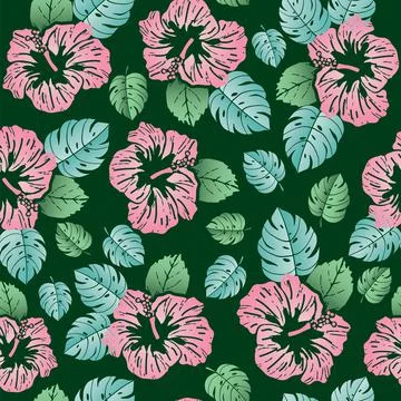 Seamless vector pattern tropical monstera leaves and hibiscus flowers on dark イラスト素材