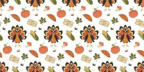 Seamless vector pattern with turkey, pumpkin, Carrots. Texture for fabric, wa Illustrazione stock