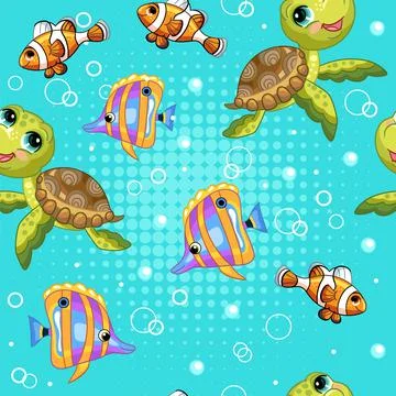 Seamless vector pattern with turtle and tropical fishes 스톡 일러스트