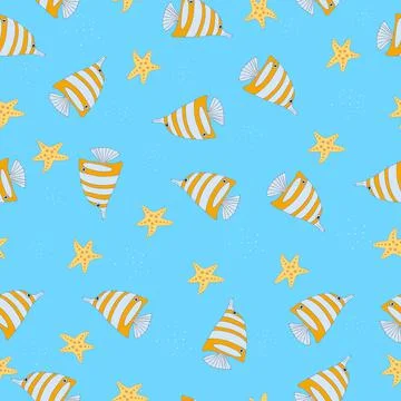 Seamless vector pattern. Underwater world with beautiful fish and starfish. Stock Illustration