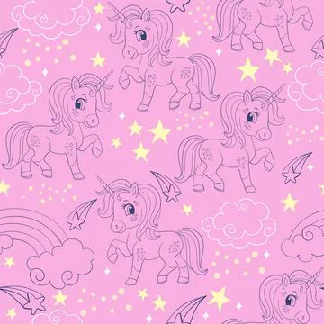 Seamless vector pattern with unicorns and cosmic elements 스톡 일러스트