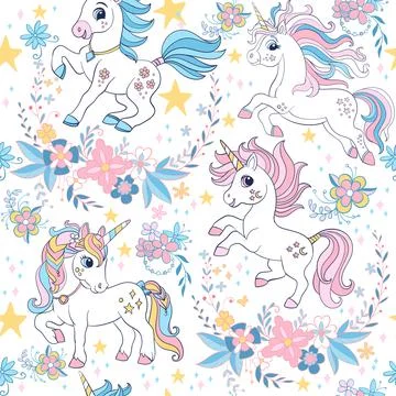 Seamless vector pattern with unicorns and floral elements white 스톡 일러스트
