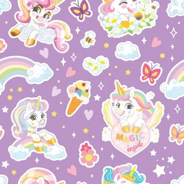 Seamless vector pattern unicorns and elements illustration Stock Illustration