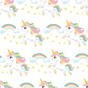 Seamless vector pattern unicorns and elements white illustration Stock Illustration