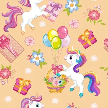 Seamless vector pattern unicorns happy birthday beige Stockillustratie