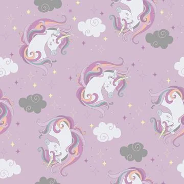 Seamless vector pattern with unicorns heads and clouds イラスト素材