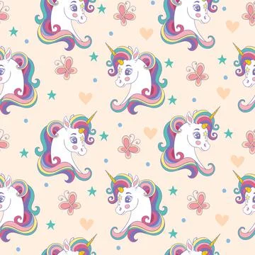 Seamless vector pattern with unicorns heads and butterflies Stockillustratie