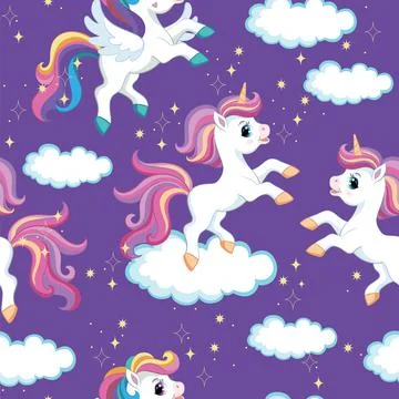 Seamless vector pattern unicorns on purple background 스톡 일러스트
