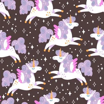 Seamless vector pattern unicorns purple main brown illustration Stock Illustration