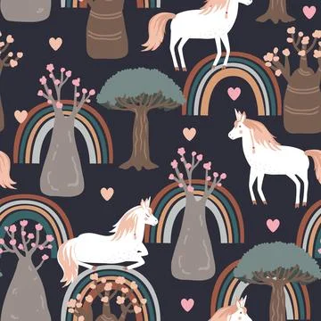 Seamless vector pattern with unicorns, rainbows, and magic adenium forest. .. Illustrazione stock