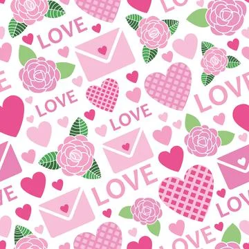 Seamless vector pattern for Valentine - pink hearts, roses, love letters Stock Illustration