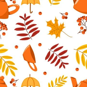 Seamless vector pattern of various autumn leaves, rowan berries and tea mugs 스톡 일러스트