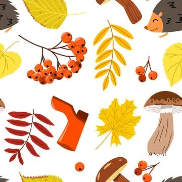 Seamless vector pattern of various autumn leaves, rowan berries, mushrooms and Stock Illustration