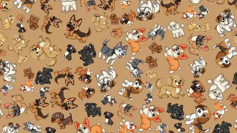 Seamless Vector Pattern of Various Cartoon Dog Breeds on Brown Background Stock Illustration