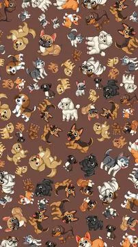 Seamless Vector Pattern with Various Cartoon Dog Breeds on Brown Background Stock Illustration