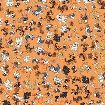 Seamless Vector Pattern of Various Cartoon Dog Breeds on Orange Background Stock Illustration