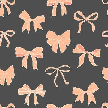 Seamless vector pattern with various peach colored feminine bows and hearts on イラスト素材