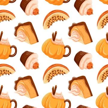 Seamless vector pattern with various pumpkin treats pie slice, cupcake and イラスト素材