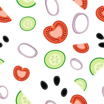 Seamless vector pattern with vegetables for salad - tomatoes, cucumbers, olives Stock Illustration