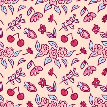 Seamless vector pattern of vibrant red strawberries and cherries with green Illustrazione stock