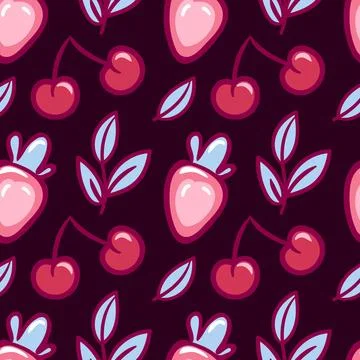 Seamless vector pattern of vibrant red strawberries and cherries with green Illustrazione stock