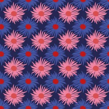 Seamless vector pattern with vibrant simple flower heads in geometric layout Illustrazione stock