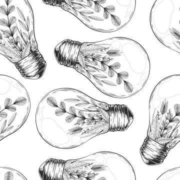 Seamless vector pattern with vintage hand drawn light bulb and plants inside  Stock Illustration