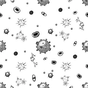 Seamless vector pattern with virus cells, chemictry and other medical elements Illustrazione stock