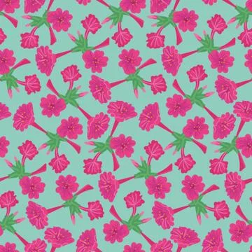 Seamless vector pattern with vivid pink flowers on a blue background Stock Illustration
