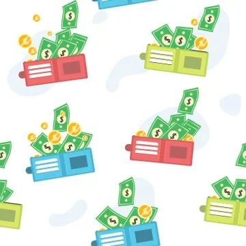 Seamless vector pattern. wallet, money, golden financial icons on white backg Stock Illustration