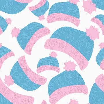 Seamless vector pattern with Warm Hats. Vintage style background with blue kn Stock Illustration