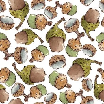 Seamless Vector Pattern with Watercolor Acorns Stock Illustration