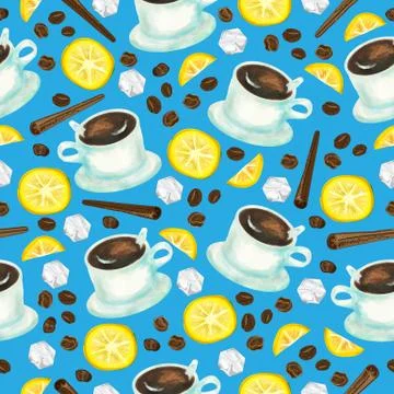 Seamless vector pattern with watercolor coffee cups lemon slices, ice cubes, Stock Illustration