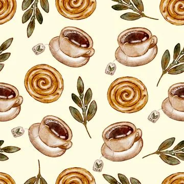 Seamless vector pattern with watercolor tea cup and cinnamon bun, cozy autumn Stock Illustration