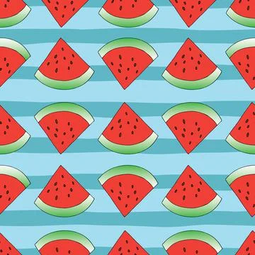 Seamless vector pattern with watermelon on blue stripes Stock Illustration