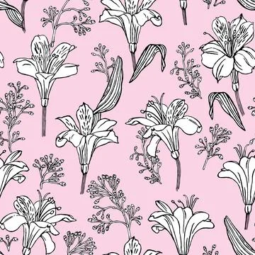Seamless vector pattern with white alstroemeria on a soft pink background. Stock Illustration