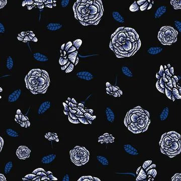 Seamless vector pattern with white and blue roses on a dark background Stock Illustration