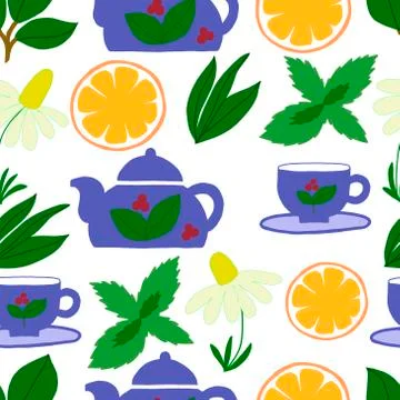 Seamless vector pattern on a white background of a cup, teapot, tea leaves, mint Stock Illustration