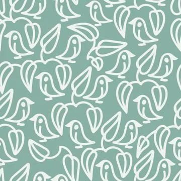 Seamless vector pattern with white birds and leaves on muted teal background Illustrazione stock